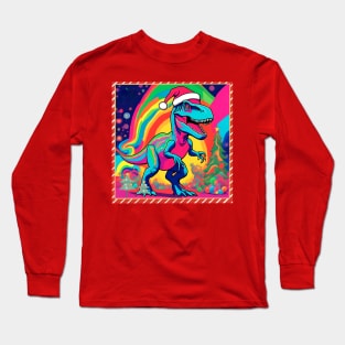 Colorful Dinosaur Wearing a Santa Hat Long Sleeve T-Shirt